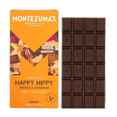 Montezuma's Happy Hippy 74% Dark Organic with Orange & Geranium 90g